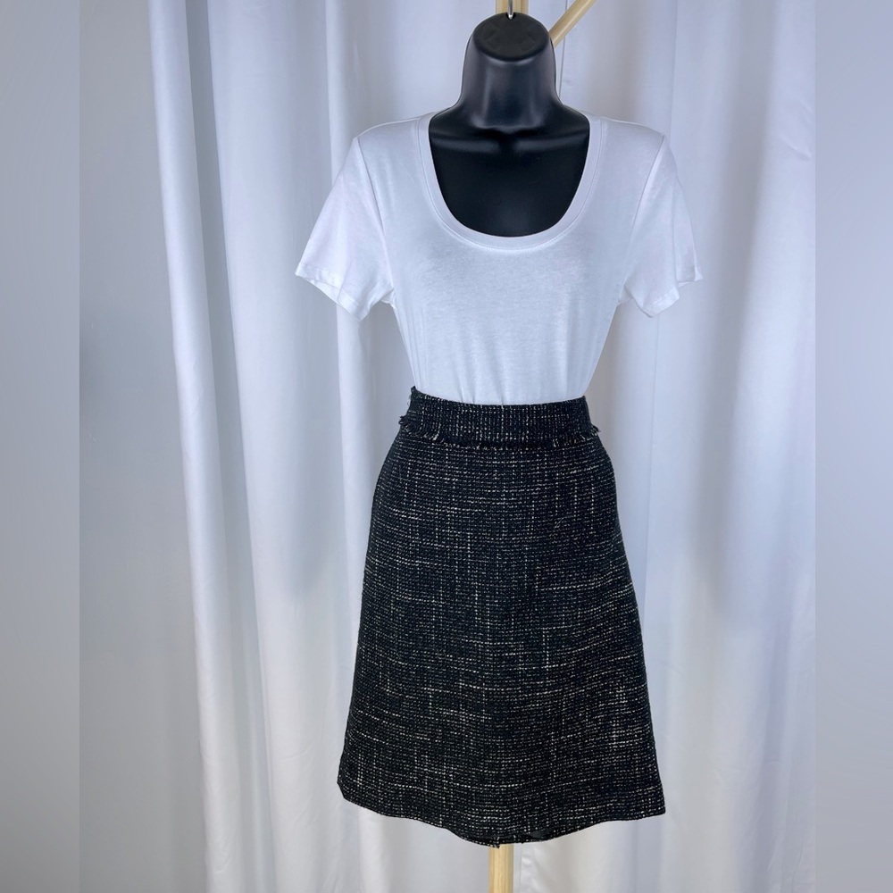 Ann Taylor Zip Back Vented Essential Black Tweed Skirt w/ Frayed Accent at Waist
